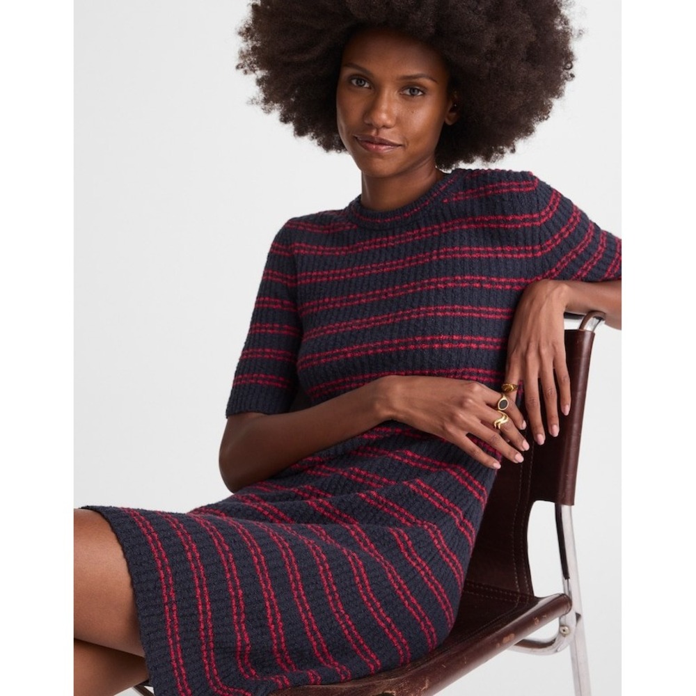 Madewell Womens Small Navy Blue Red Striped Ribbed Knit Short Sleeve Mini Dress